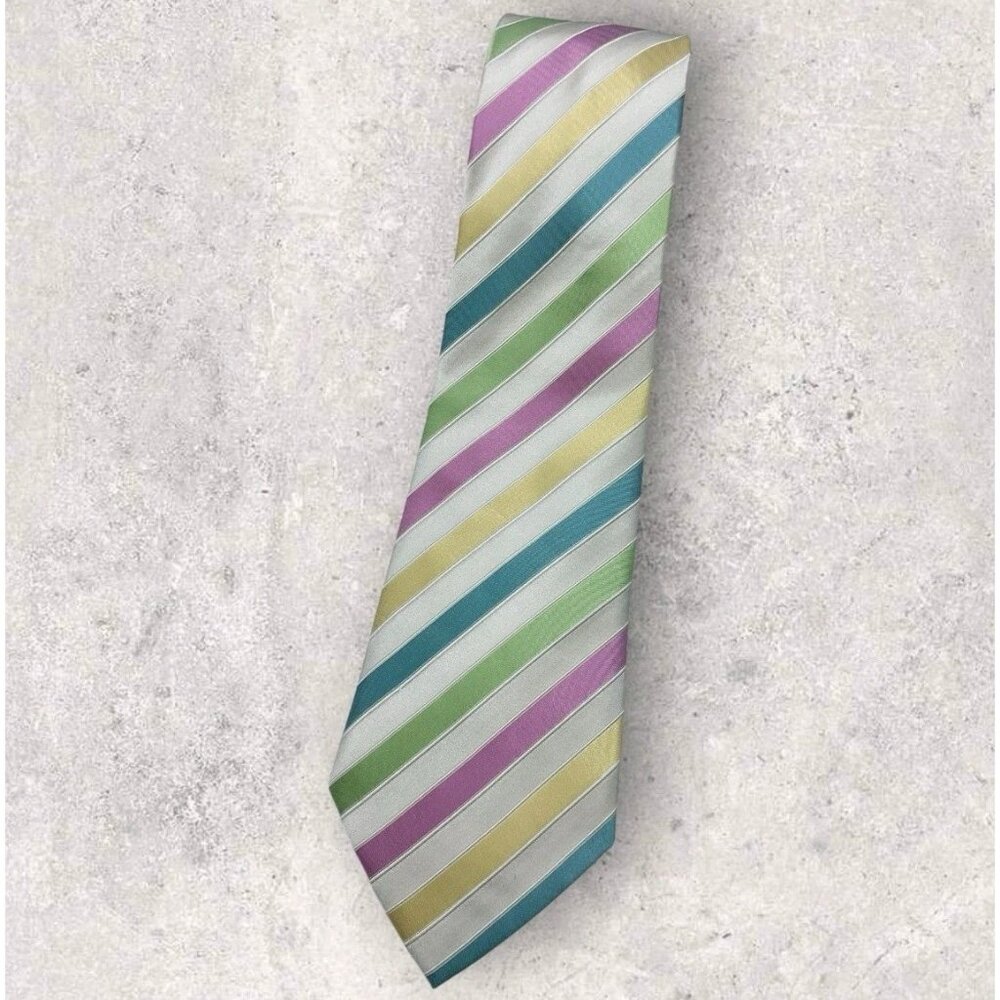 CHARLES TYRWHITT Silk Tie ENGLAND XL Ivory Pink Blue Striped W:3.7" EUC